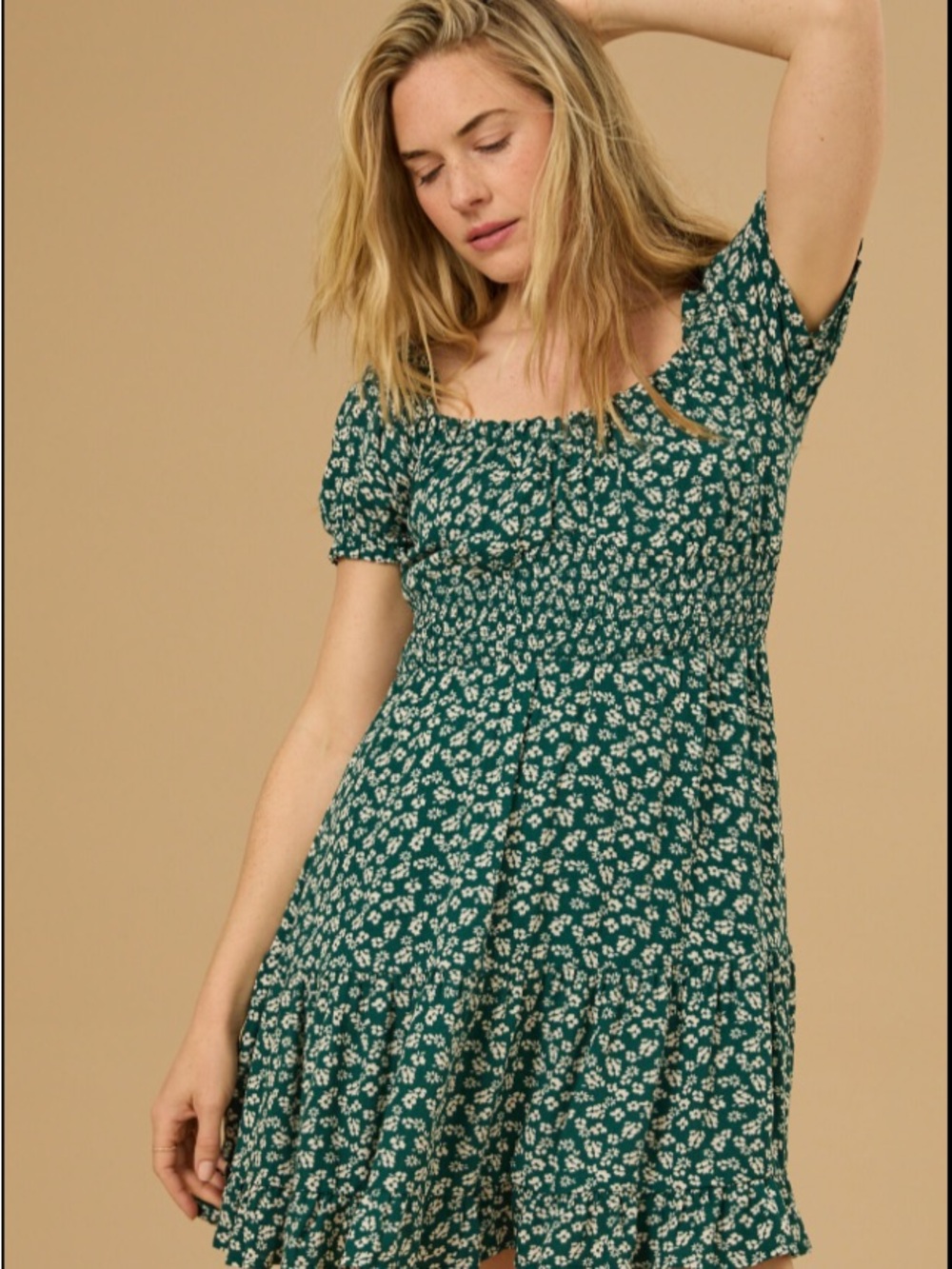 Green Floral Smocked Mini Dress